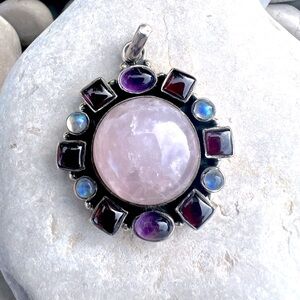 Gorgeous Rose Quartz, Amethyst, Garnet and Moonstone Pendant in 925 Sterling 😍